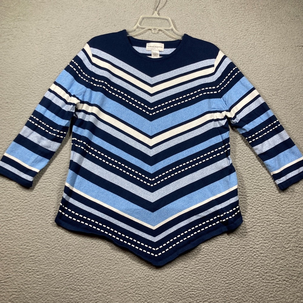 Alfred Dunner Sweater Womens Large Blue Stripe V Hem Pullover Casual Comfort